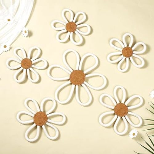 Barydat 6 Pcs Boho Nursery Decor Daisy Flower Woven Macrame Wall Hanging 3 Size Daisy Flower Wall Decor Bohemian Nursery Decorations for Home Dorm Art(White)