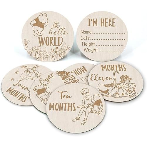 The Pooh Baby Bear Month Milestone Circles, Wooden Discs Stuff for Baby Photo Takens with Hello World Name Signs - 7Pcs Double Sided Signs- Laser Engraving