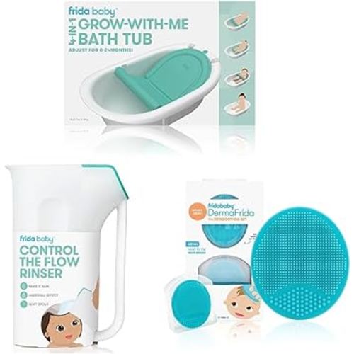 Frida Baby 4-in-1 Grow-with-Me Bath Tub & Control The Flow Polypropylene ABS Rinser & DermaFrida The SkinSoother Baby Bath Silicone Brush| Baby Essential for Dry Skin, Cradle Cap and Eczema (2 Pack)