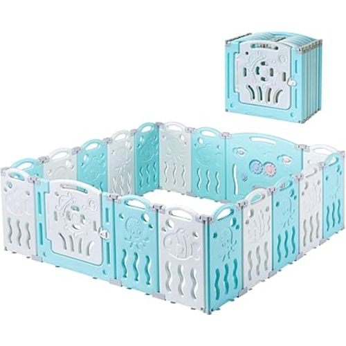 Albott Baby Fence 18 Panels Kids Playpen- Foldable Toddler Safety Play Center Yard Adjustable Shape Portable Design for Children Toddler Indoor Outdoor Use Blue
