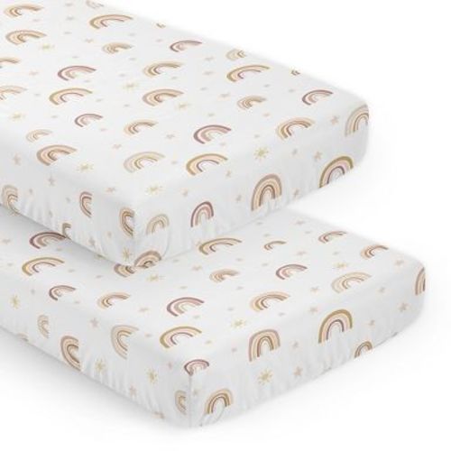 Sweet Jojo Designs Girl Fitted Crib Sheets Set Boho Rainbow Pink Yellow and Tan 2pc