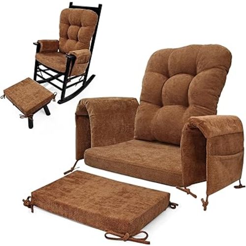 5 PCS Glider Rocker Replacement Cushions with Storage Side Pocket, Luxuriy Chenille Fabric Foam & Microfiber Filling, Thickened & Supportive Rocking Chair Cushion Set, Champagne