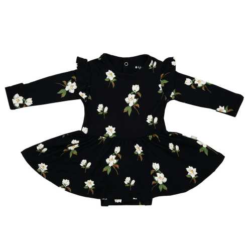 Long Sleeve Twirl Bodysuit Dress in Small Midnight Magnolia