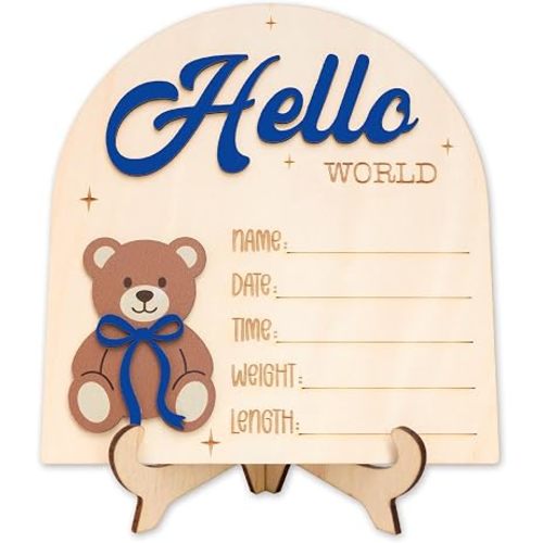 Baby Announcement Sign, 5.6 in Wooden Hello World Newborn Sign Boy, Birth Announcement Sign Boy With Layered Bear, Newborn Sign For Hospital (Blue)