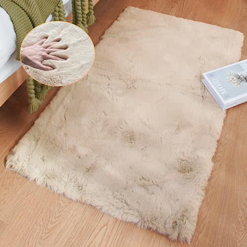ORINOVA Beige Plush Faux Rabbit Shaggy Fur Rugs for Bedroom Small Shag Washable Fluffy Fur Rug for Living Room Fuax Sheepskin Rug 2x3 Nursery Rectange Rugs