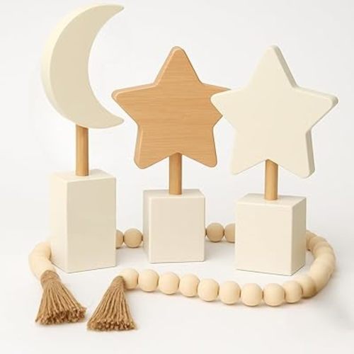 Nursery Wall Art Set Wooden Star & Moon Decor with 30-Inch Bead Garland - 4-Piece Gender Neutral Boho Shelf Decor for Kids Rooms, Playrooms & Home