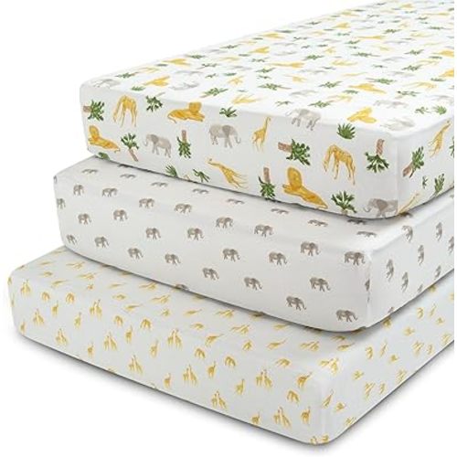 Delta Children Fitted Crib Sheets for Girls and Boys - Crib Sheet for Standard Crib and Toddler Mattresses - 28x52 Inch (Pack of 3), Safari Friends