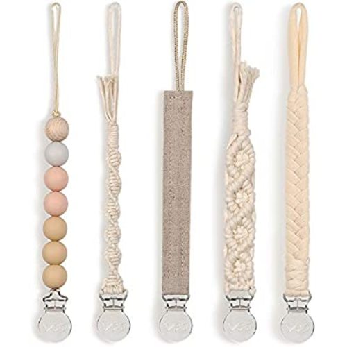 Modern Pacifier Clip for Boy and Girl 5 Pack Metal Teething Clips Braided Cotton Rope Common for Pacifier Teether Toys Baby Shower Set