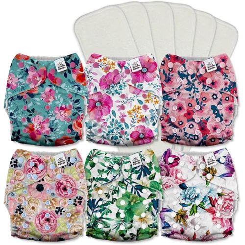 Mama Koala 3.0 Pocket Cloth Diapers for Babies with AWJ Lining, 6 Pack with 6 5-Layer Natural Cloth Diaper Inserts - Reusable and Washable Pocket Diapers(A-Bloomin' Lovely)