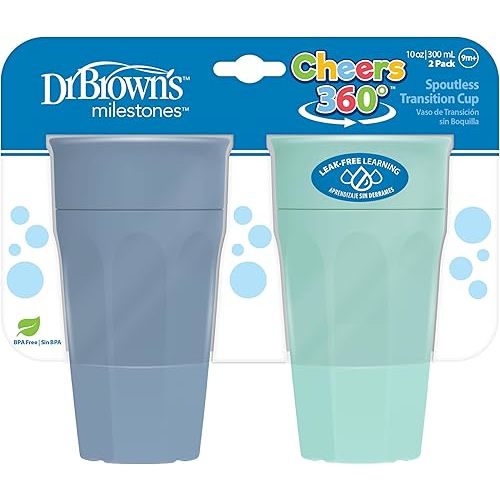 Dr. Brown's Milestones Cheers 360 Training Cup for Toddlers & Babies, Leak-Free Sippy Cup, Blue/Aqua, 10oz/300mL, 9m+, 2 Pack (Colors May Vary)