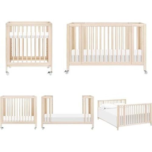 babyletto Rolli 9-in-1 Convertible Baby Crib w/Wheels - Includes Conversion Kits for Bassinet, Standard Crib, Toddler Bed, Daybed & Junior Bed - GREENGUARD Gold - 3 Adjustable Heights, Washed Natural