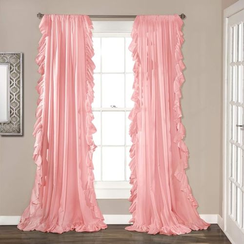 Lush Decor Reyna Ruffle Window Curtain Panel Set, Pair, 54" W x 84" L, Pink - Flowy Curtain Set - Romantic Ruffle Curtains for Bedroom, Living room, or Dining Room - Farmhouse & Cottage Home Decor