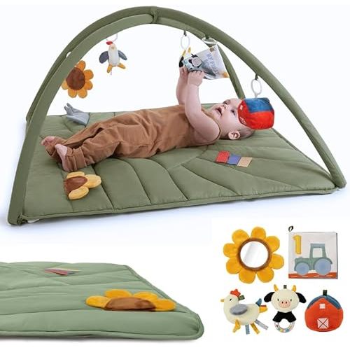 Beautiful Baby Play Gym and Tummy Time Mat - Soft Mat with 5 Farm Toys Creates The Perfect Activity Area for Your Girl/Boy - Stylish Infant Floor Playmat Fits Nicely with Any Playroom Decor
