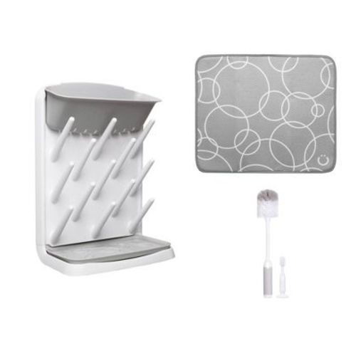 Ubbi Vertical Bottle Drying Rack, Bottle Brush & Microfiber Drying Mat Bundle - 3ok - Gray/white