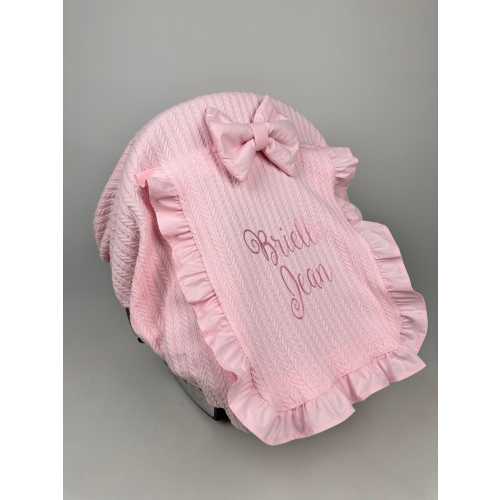 Car Seat Canopy Cover Baby Handleless in Pink Pique with Ruffles and Peekaboo Mesh Window, Personalized Car Seat Cover, Baby Shower Gift