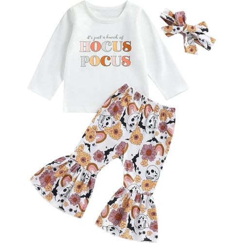 Hnyenmcko Baby Girl Halloween Outfit Long Sleeve Letter Print Tops Pumpkin Flared Pants Headband Set 3Pcs Fall Clothes
