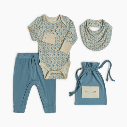Tiny Kind Bamboo 3-Piece Outfit Set-Long Sleeve Bodysuit, Pants & Bib - Multi Print, 0-3 M