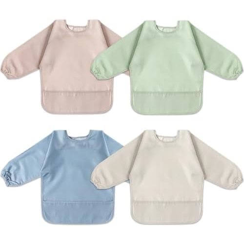 4 Pack Long Sleeve Bib, Waterproof Sleeved Smock for Baby Boy or Girl, Reusable Bib with Pocket, Ages 6-24 Months