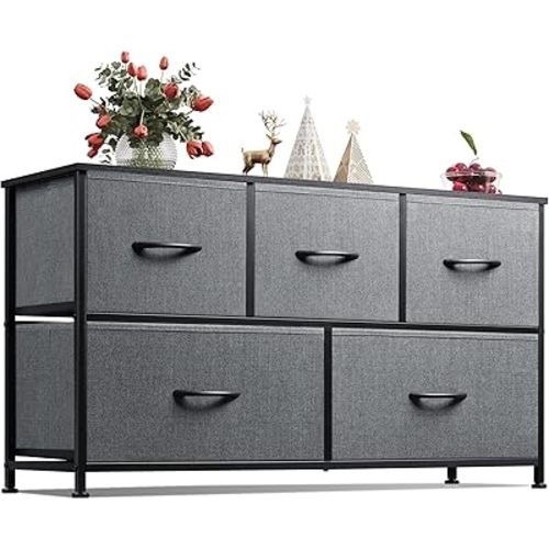 WLIVE Dresser for Bedroom with 5 Drawers, Wide Chest of Drawers, Fabric Dresser, Storage Organizer Unit with Fabric Bins for Closet, Living Room, Hallway, Dark Grey