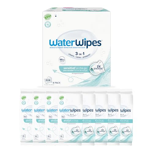 WaterWipes Sensitive+ On The Go Wipes, 3-In-1 Cleans, Cares, Protects, 99.9% Water, Unscented & Hypoallergenic Wet Wipes, 224 Count (8 Packs)