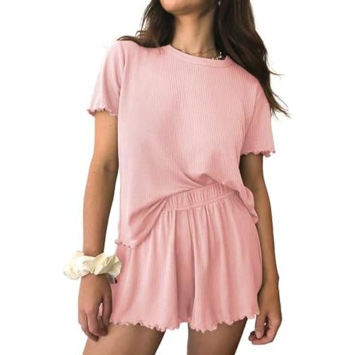 Ekouaer Womens Pajamas 2 Piece Ribbed Knit Pjs Short Sleeve Sleepwear Set Summer Soft Pajamas Set Casual Lounge Sets