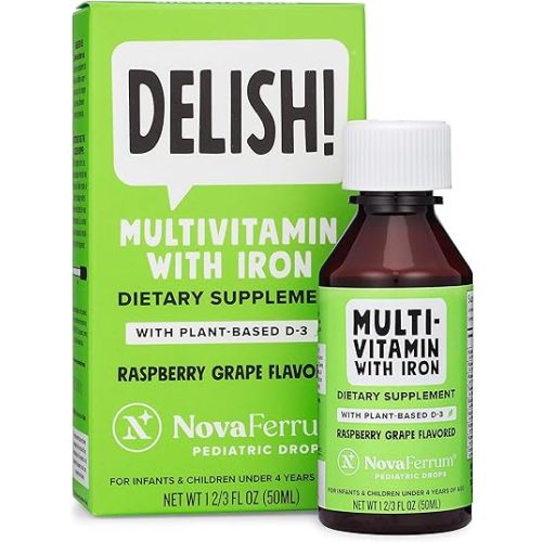 NovaFerrum Delish | Vegan Multivitamin with Iron for Infants, Toddlers & Kids | Immune Support | Organic Plant-Based D-3 | Gluten Free | Vegan Verified | Sugar Free | 1.69 Fl Oz (50 mL)