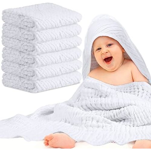 Chumia 6 Pieces Muslin Hooded Baby Towels for Newborn Girls Boys 32"x 32" Cotton Infant Bath Towel Absorbent Unisex Hooded Blankets for Babies Toddler, Newborn Registry Baby Gift (White)
