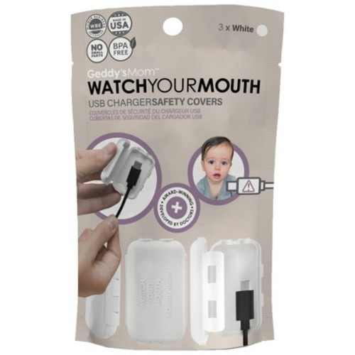 Geddy's Mom: Watch Your Mouth: White - 3 Pack - USB Charger Child Safety Covers