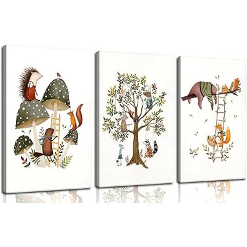 3Pcs Woodland Safari Animals Nursery Canvas Wall Art Baby Jungle Small Animal Wall Decor Pictures Tree Bear Rabbit Fox Hedgehog Kids Posters Prints for Classroom Children Bedroom Decoration