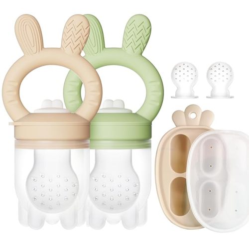 2 Packs Baby Fruit Feeder & Freezer Nibble Tray Combo, Push Pop Baby Food Feeder to Safely Introduce New Foods, Fresh & Frozen Food Silicone Feeder, 100% Food Grade, BPA free (Caramel & Olive)