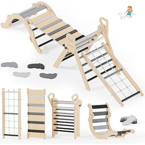 BlueWood 10-in-1 Pikler Triangle Set, Toddler Climbing Toys Indoor, Montessori Climber, Baby Jungle Gyms with Arch, Extra Rope Ladder & Footprint Balance Beam - Grey Twilight