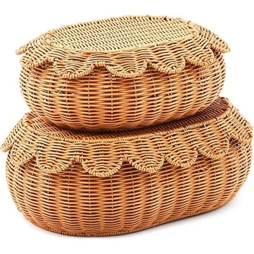 Juexica 2 Pcs Scalloped Baskets, picnic basket Hand Woven Rattan Basket, Wicker Storage Baskets with Lid Decorative Basket for Organizing Food Bread Picnic(Dark Brown)