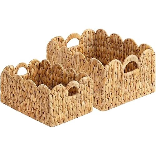 Set of 2 Scalloped Edge Wicker Storage Basket with Built-in Handles, Rectangle Water Hyacinth Basket for Organizing, Decorative Woven Rattan Basket for Shelf, Nursery Room
