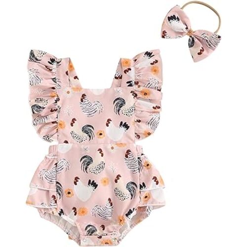 Karuedoo Newborn Baby Girl Farm Outfit Chicken Print Ruffle Sleeveless Romper Jumpsuit Bodysuit with Headband Country Clothes