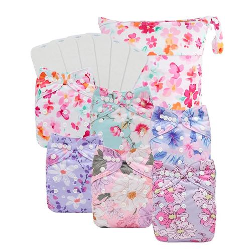 Babygoal Baby Cloth Diaper 6 Pack with 6pcs Inserts and Wet Bag for Fitted Diapers and Prefolds, Adjustable and Reusable Covers for Toddler Boys and Girls