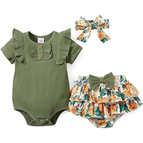PATPAT Baby Girls Clothes Infant 2 Piece Outfit Summer Cotton Ruffle Sleeve Romper and Floral Shorts Set