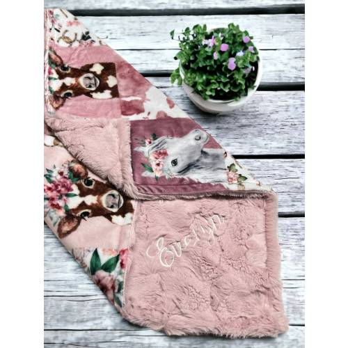 Personalized Cowgirl Minky Baby Blanket or Lovey: Soft Cow and Horse Nursery Decor for Baby Girl or Toddler