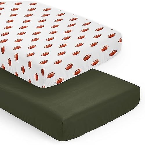 Sweet Jojo Designs Football Boy Baby Fitted Crib Sheet Set Infant Newborn Nursery Toddler Bed Room Standard Mattress 2pc Brown White Footballs and Solid Color Dark Green for The Vintage Sports Themed