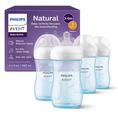 Philips Avent Natural Baby Bottles with Natural Response Nipples (Medium Flow, Flow 3), 9oz, 4-Pack, SCY903/04