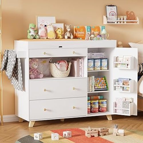 Nursery Dresser with Baby Changing Table, Modern Diaper Changing Station, Dresser for Nursery with 2 Drawers & Shelves, Storage Crib with Changing Table, White