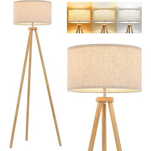 Wood Tripod Floor Lamp for Living Room, Nordic Standing lamp with 3 Color Temperatures LED Bulb Included & Beige Linen Shade, Footswitch, Tall lamp for Bedroom, Office, Study Room, Natural Wood