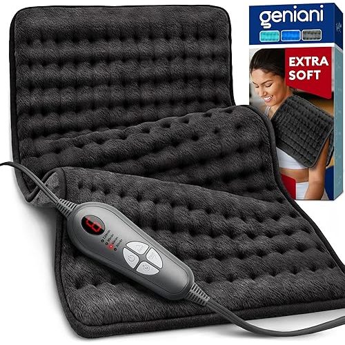 GENIANI Electric Heating Pad for Back Pain & Cramps Relief, Electric Throw, Auto Shut Off, Machine Washable, Double Sided Heating Pad for Neck & Shoulder (12×24", Charcoal Black)