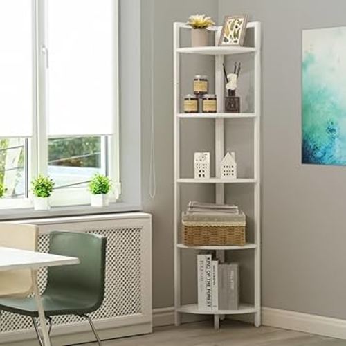 CAPHAUS 5 Tier Corner Shelf, 59.1-Inch Tall Corner Bookshelf, Corner Display Rack with Metal Frame, Round Corner Shelf Unit Rack, Tall Corner Stand for Bathroom, Living room, Home, Office, White