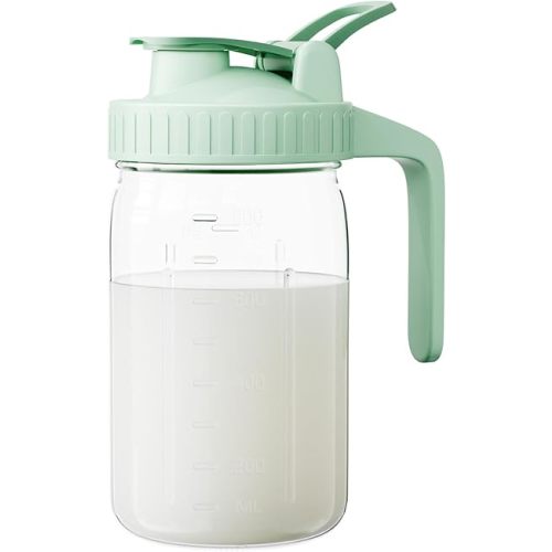 Breast Milk Pitcher, Mason Jar 32 oz, Heavy Duty Wide Mouth Jar with Green Flip Cap Lid and Pour Spout, Airtight Seal for Freshness and Convenience, Great for Cold Beverages and Home Entertaining