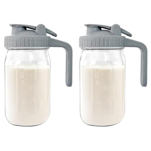 Breast Milk Pitcher - 32 oz Glass Mason Jar with Dual Leak-Proof Design, Airtight Seal, Pour Spout & Handle, Storage Container for Breastmilk, Iced Tea & Ice Drinks(2Pack Gray)