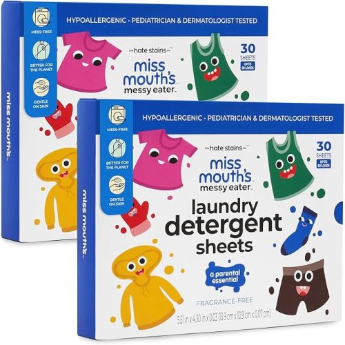 Miss Mouth's Messy Eater Laundry Detergent Sheets - 60 Loads Travel Friendly Detergent Sheets - Hypoallergenic, Sensitive Skin Safe, Pediatrician and Dermatologist Tested, Fragrance Free