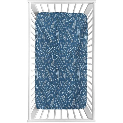 Surfboard Fitted Crib Sheet,Blue Waters Oceanic Elements Waves Swirls Doodle White Outlines Hobby Fun Times Microfiber Silky Soft Toddler Mattress Sheet Fitted,28"x 52"x 8'',Baby Sheet for Boys Girls