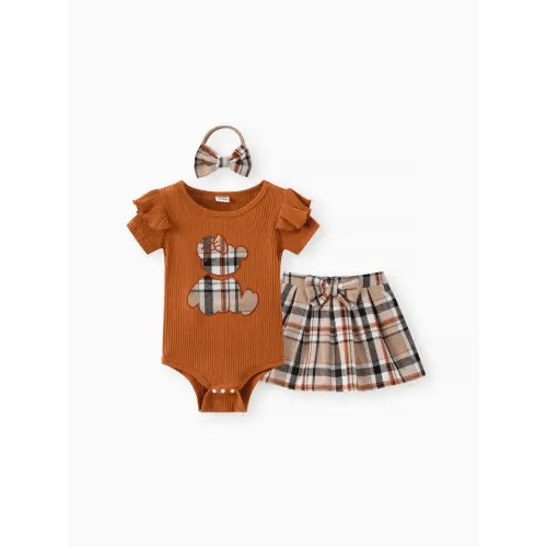 Baby Girl 3pcs Bear Style Embroidered Ruffled Romper and Plaid Skirt with Headband Set Only $13.29 PatPat US Mobile