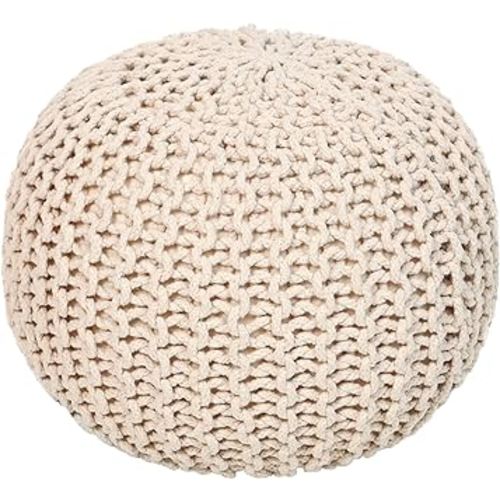 REDEARTH Round Pouf Ottoman - Cable Knitted Boho Poof - Home Décor Cord Pouffe Handmade Circular Footrest for Living Room - Bedroom - Kids Bedroom - 100% Cotton Pouf (19.5"x19.5"x14") - Ivory