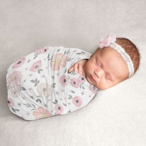 Sweet Jojo Designs Girl Swaddle Baby Blanket Watercolor Floral Pink And Grey
